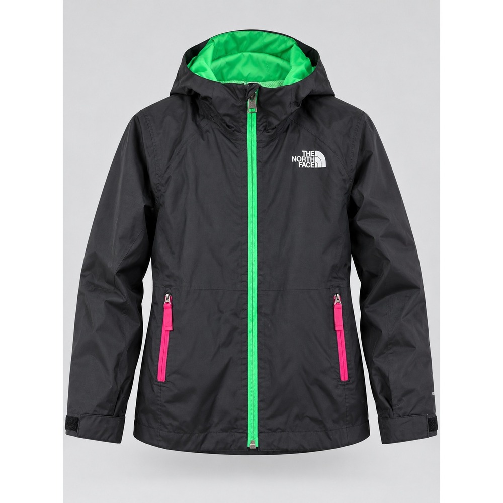 The North Face Rain Jacket Girls L 12 Black Green Pink DryVent Hooded Shell